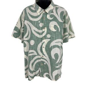 Quiksilver Size Large Mens Green White Abstract Hawaiian Aloha Button-Up Shirt
